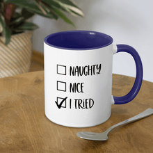 Load image into Gallery viewer, Naughty Nice Tried Coffee Mug - white/cobalt blue
